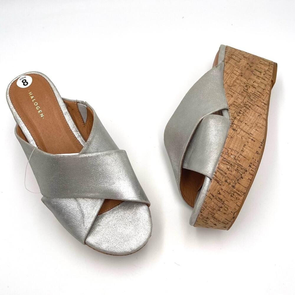 NEW - Halogen Elena Metallic Silver Platform Cork Wedge Slide Sandals size 8